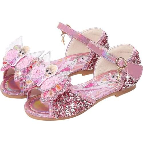 Disney Girls Sandals Summer Frozen New Childrens Princess Shoes Girls Bow-knot Crystal Flat Sandals Party Dress Wedding