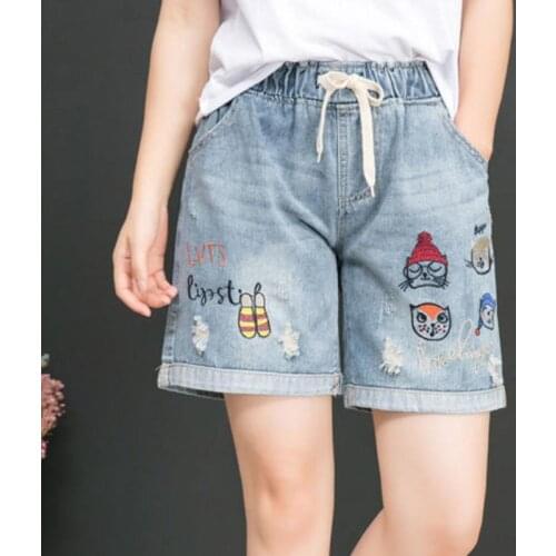 Denim Shorts Jeans Feminino Patchwork Embroidery Ripped Jeans Plus Size Summer New Arts Style Women Elastic Waist Vintage