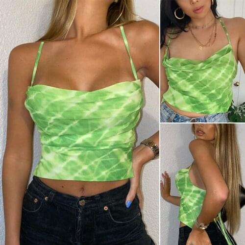 Hot kf-Sexy Womens Tops Summer Neon Green Tie Dye Halter Backless Crop Top Women Clubwear Cami Tank Tops