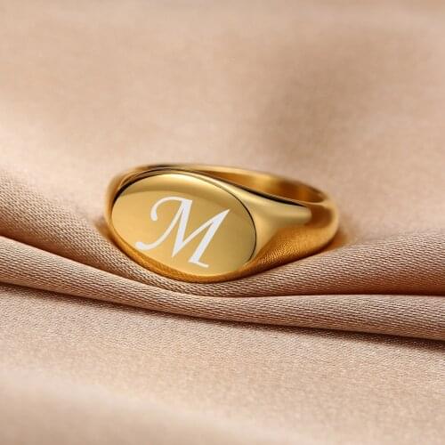Engrave Signet Stamp Rings for Women,Initial Gold Tone Metal Stainless Steel Oval Bands Ring,Simple Female Lady Finger Jewelry