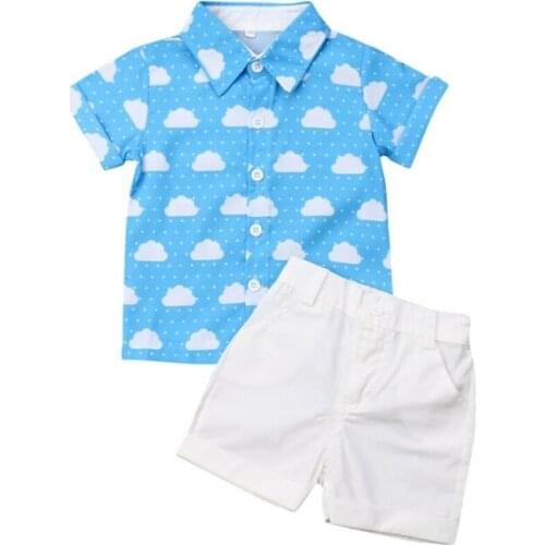 2Pcs Baby Boys set Kids Summer Elephant Print Polka Dot Tops Short Sleeve Single Breasted blue shirt white shorts Outfits