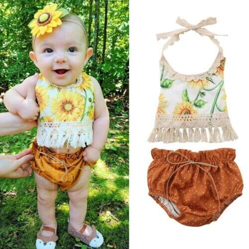 Newborn Kids Sunflower Set Baby Girls Flower Tassel Tops Shorts Outfits Sunsuit