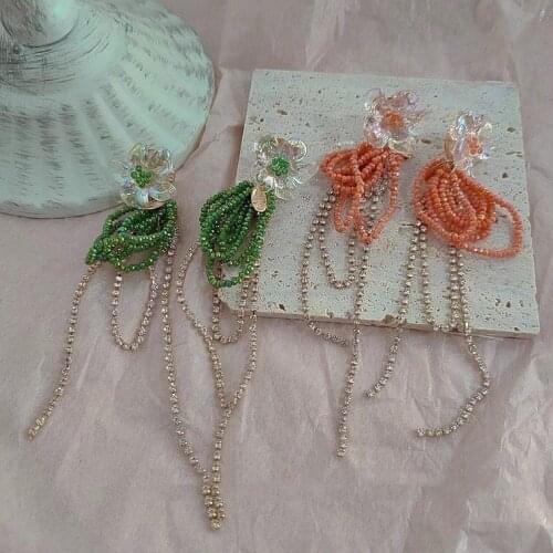 Korean Fashion Green Pink Flower Dangle Earring for Women Girls Exquisite Rhinestone Beaded Long Tassel Earrings Jewellery