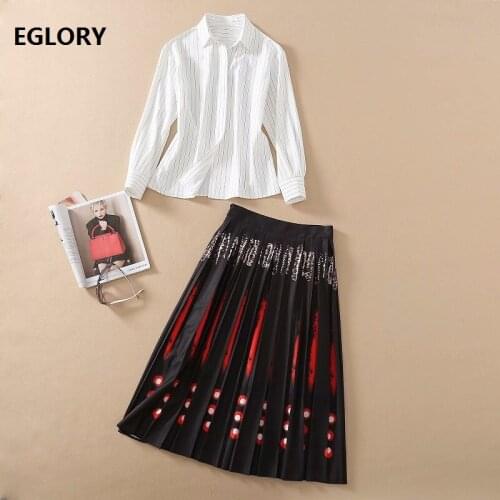 High Quality Skirt Suit 2021 Spring Summer 2 Piece Set Women Turn-down Collar Striped Print Shirt+Polka Dot Print A-Line Skirt