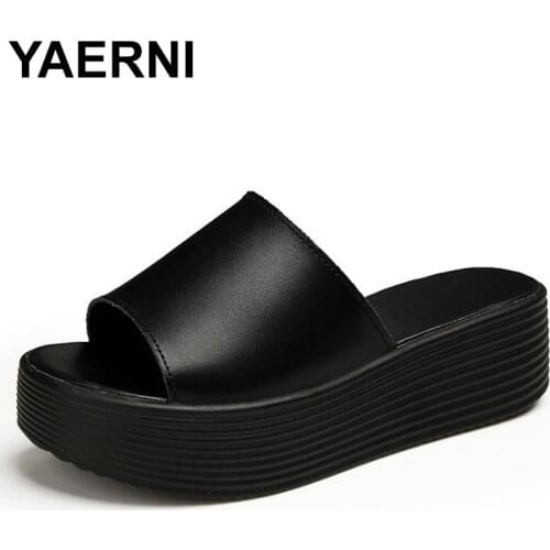 YAERNI flat platform sneakers women summer sandals open toe leather shoes Split Slip On Outside Slides black white sneakersE1321