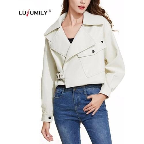 Lusumily Autumn Faux Leather Jacket Women Pu Motorcycle Biker Beige Jackets Female Turndown Collar Loose Streetwear Winter Coat