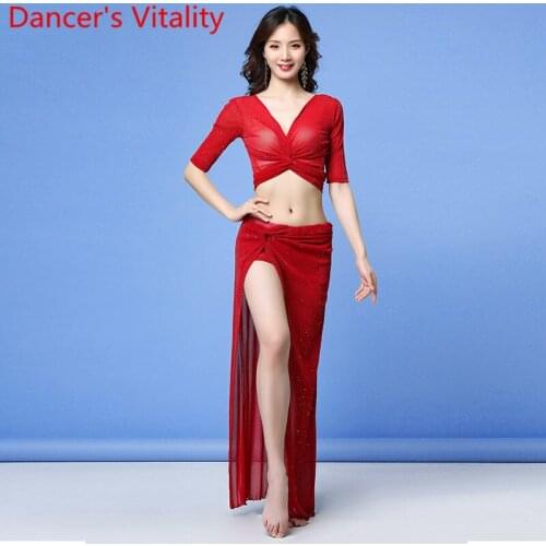 Belly Dance Practice Clothes New V Neck Top Vest Long Skirt 3 Pieces Set Women Beginners Oriental Indian Dancers Training Costum