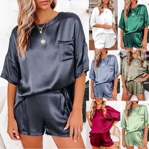 2021 Pajamas for Women New Solid Color Imitation Silk Pajamas Home Service Short-sleeved Shorts Irregular Sleepwear Women