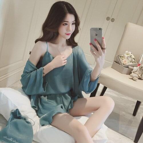 Pajamas Set Women Version of Sexy Silk Suspender Shorts Girl Pajamas with Sleeves and Casual Solid Color Ladies Home Service