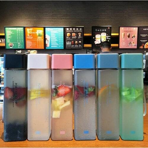 1Pc 500ml Transparent Square Plastic Matte Water Cup Juice Cold Cup Milk Sports Rope Cup with Outdoor Water Water Portable R6W2