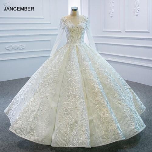 RSM66812 White Hollow-out Applique Print Pattern Design Wedding Dress 2021 Long Sleeve Transparent Lace Frill Long Skirt