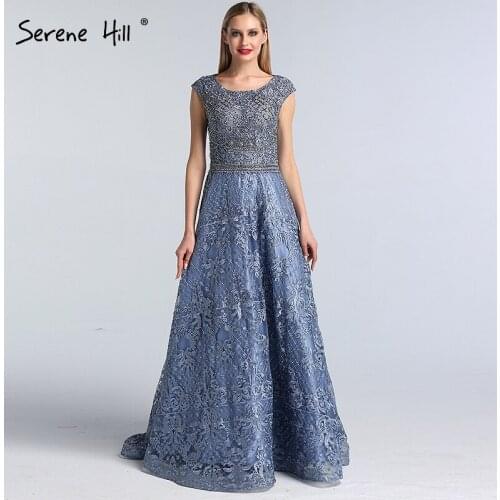 Serene Hill Luxury Beadings Blue O-Neck Cap Sleeves Evening Gown For Women 2021 A-Line Formal Party Dress CLA60931