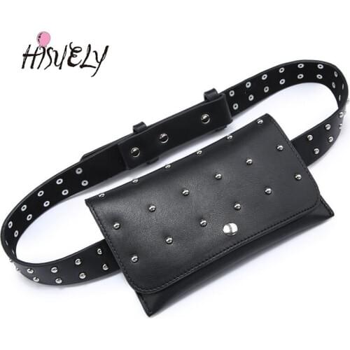 HISUELY Women Waist Packs Rivet Waist Bag Ladies Purses PU Leather Mini Bags Striped Flaps Ladies Travel Belt Money Holder Black