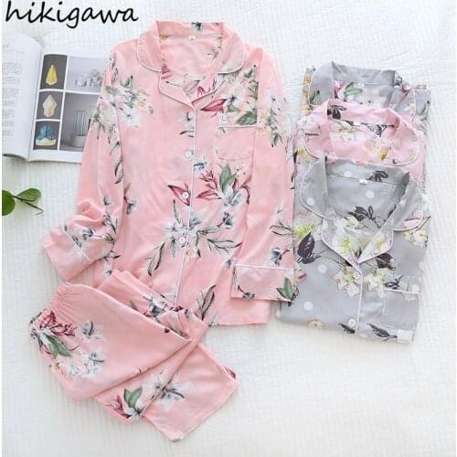 Hikigawa Women Pajamas Summer Floral Print Sleepwear Long Sleeve Trousers Home Clothing 2 Piece Set Pantsuits Pijamas De Mujer