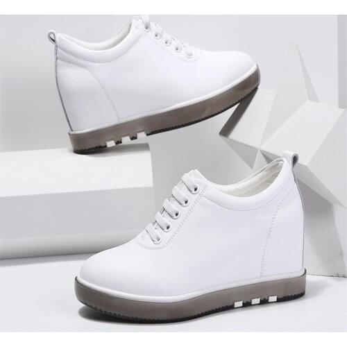 Hide Heel Genuine Leather Shoes Women Fashion Sneakers New Lace Up Height Increasing Casual Shoes White Sneakers