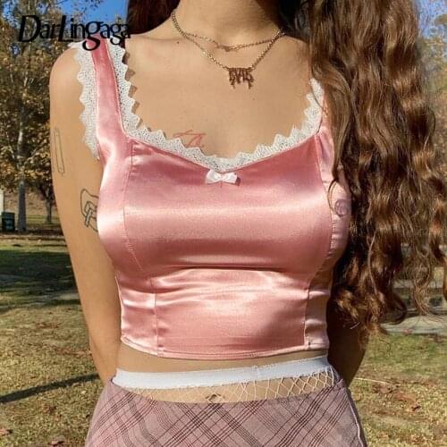 Darlingaga V Neck Lace Patchwork Satin Y2K Tank Top Women Sweet Pink Bow Fashon Crop Top Vest Aesthetic Summer Tops Cropped Girl