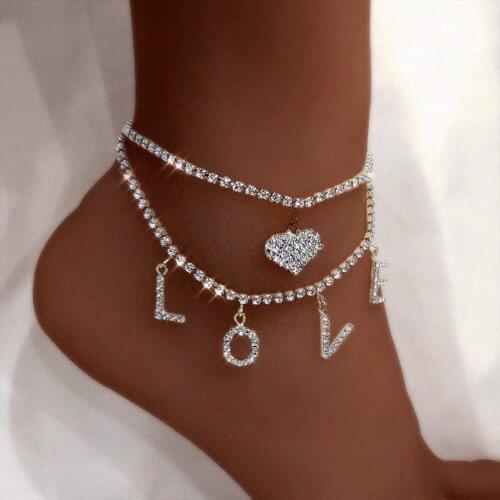 Punk Double Layer Tennis Chain Anklet Heart Pendants Ankle Chain Jewelry Shiny LOVE Letter Anklets Women Party Accessories Gifts