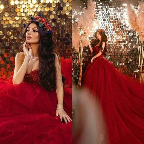 2020 Gorgeous Red Wedding Dresses Sweetheart Beaded Tulle vestido de novia Garden Bridal Wedding Gowns Custom Made