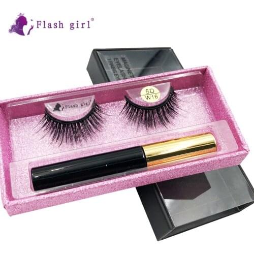 Hot Selling Handmade Makeup 5D Mink Eyelashes 1 Pair Magnetic Eyelashes Liquid Eyeliner Waterproof Eyelash Extension W16