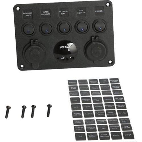 5 Gang LED Boat Rocker Switch Panel Dual USB Socket Power Charger Voltmeter
