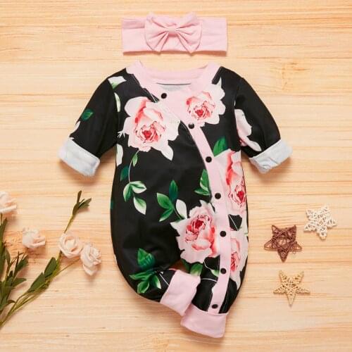 PatPat 2021 New Arrival Spring 2-pack Baby Girl Floral Allover Long-sleeve Jumpsuit and Headband for 0-12M Baby Girl Sets