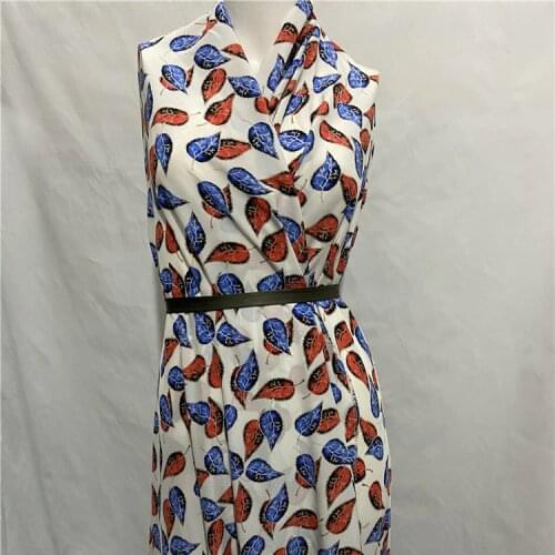 Red and blue leaves print on white pure silk crepe de chine silk fabric 140cm width,SCDC1255