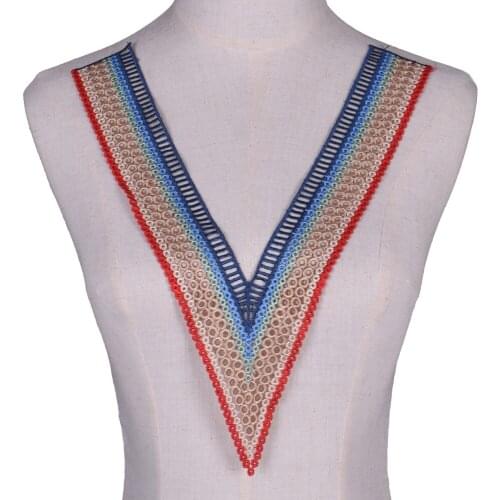 1Pc Colorful V-Neck DIY Embroidered Lace Fabric Collar Lace Flowers Neckline Applique