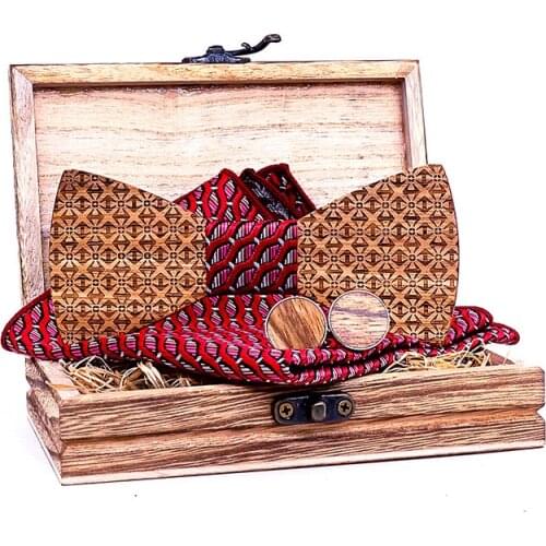 Linbaiway Luxury Wooden Bow Tie Handkerchief Cufflinks Set Mens Wood Bowtie For Groom Party Neckwear Tuxedo Accessories