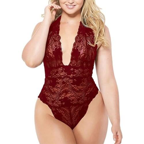 Top Fashion Sexy Plus Size Halter Jumpsuit Lace WomenS European And American Sexy Lingerie Black Rose Red Purple White Wine Red