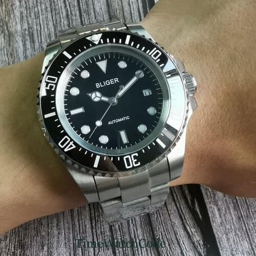 Bliger 44mm mens watch 21 jewels Japan Miyota8215 automatic movement SEA black dial oyster bracelet date display ceramic bezel