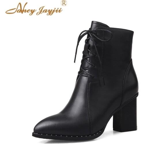 Black Red Ankle Boots Woman Shoes Square Heel Pointed Toe Heel Dress Autumn 2021 Female Large Size 38 39 Lace-up Classic Size