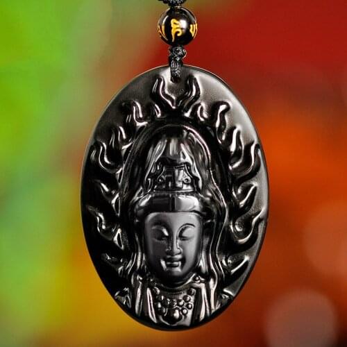 Natural Black Obsidian Guanyin Bodhisattva Jade Buddha Pendant Necklace Chinese Hand-Carved Fashion Jewelry Amulet for Men Women