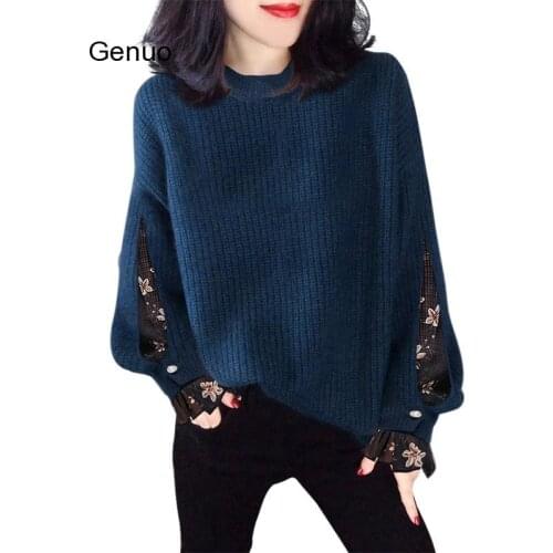 2020 Spring and Fall Womens New European Goods Korean Version of The Net Yarn Loose Round Neck Pullover Alpaca Knitted Sweater