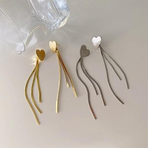 Origin Summer Minimalist Love Heart Long Tassel Dangle Earring for Women Girls Gold Silver Color Metallic Earring Jewelry