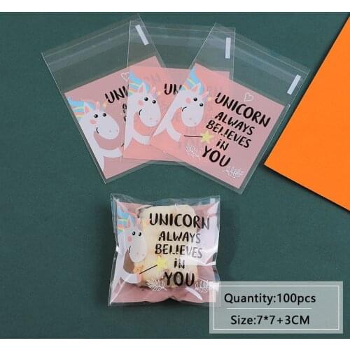 100pcs/lot Cookies Self Adhesive Bag Pink Bottom Transparent Cartoon Cute Unicorn Homemade Soap Biscuits Birthday Party Gift Bag