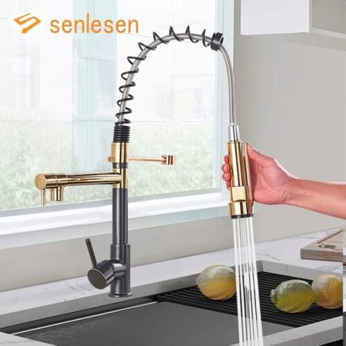 Senlesen Black and Golden Spring Kitchen Double Spout Brass Faucet Single Handle Hole Vessel Sink Mixer Tap