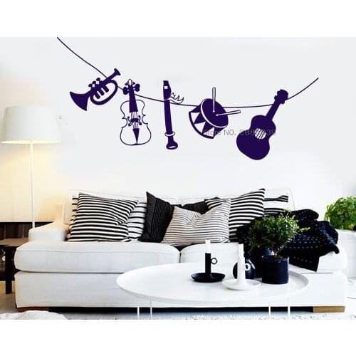 Musical Instruments Vinyl Wall Decal Guitar Drum Flute Violin Trumpet Pattern Stickers Art Wall Decor Interior Murals LC1592