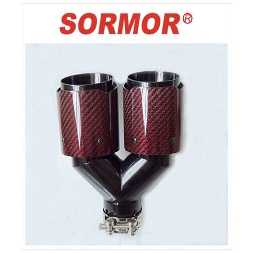 Sormor Red Twill Dual-Outlet Y-Style Muffler Pipes Exhaust Tips with Black Stainless Steel, Inlet 63mm Outlet 89mm