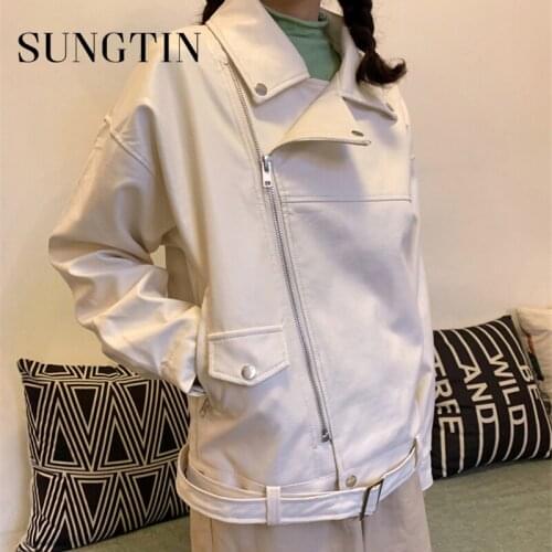 Sungtin Classic Casual Women Black Pu Leather Biker Jackets Blet High Street Loose Female Faux Leather Jacket Basic Outwear Coat