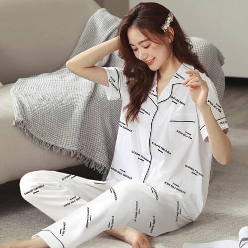 Womens Pajama Cotton 2021 Summer Two-piece Home Suit Short-sleeved Cotton Sleepwear Women Loungewear White Letter Night Wear