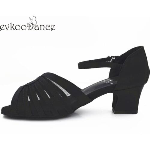 Evkoodance Zapatos De Baile Black Satin With Mesh Low heel 5cm Practise Dancing Shoes Latin Salsa Ballroom Shoes For Women Evkoo-527