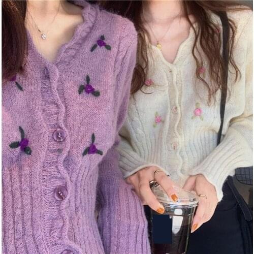 New Autumn Clothes Women Solid Sweater Cardigan V Neck Tridimensional Flower Crochet Knit Coat Fashion Femme Elegant Tops