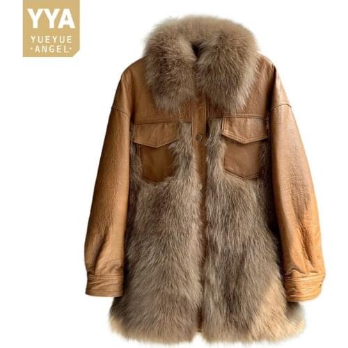 Brand Winter Luxury Fox Fur Coat Women Patchwork Genuine Leather Sheepskin Jacket Office Ladies Elegant Lapel Real Fur Overcoat