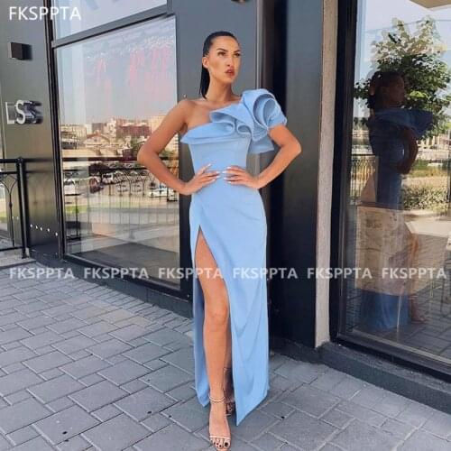 One Shoulder Mint Blue Prom Dresses Long Straight Side Slit Sexy Wedding Party Dress Custom Made Women Formal Gowns Plus Size