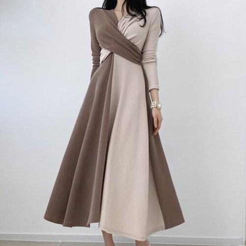 2021 New Fashion Autunm Vintage Patchwork Color Dresses High Waist Pleated Korean Chic Long Dress Vestidos