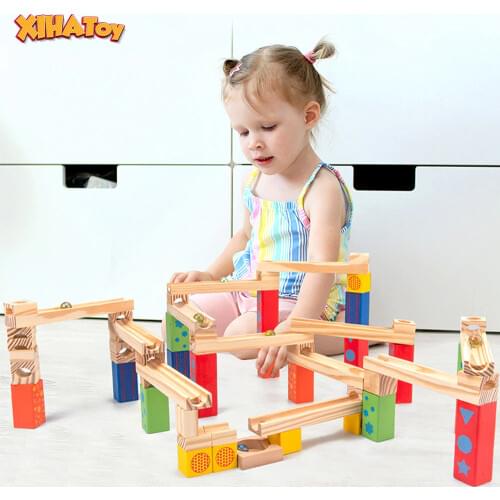 Childrens Educational DIY Ball Track Building Blocks Stacking High Slide Assembly Montessori Wooden Toys 54pcs