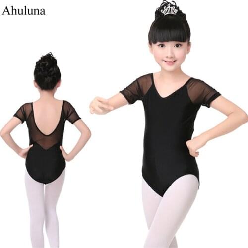Gymnastics Leotard Children Dance Clothing Ballet Clothes Girls Short-sleeved V-neck Mesh Black One-piece Dance Costumes D003