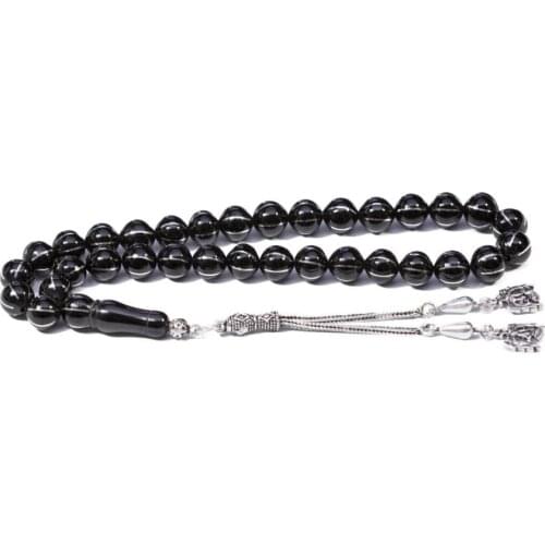 Natural Erzurum Jet Stone Prayer Bead With Silver Tassel Men Rosary Islamic Tasbih Made in Turkey 925 Sterling Silver