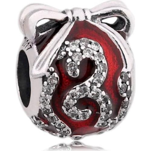New 925 Sterling Silver Bead Charm Red Enamel Bright Ornament With Crystal Beads Fit Bracelet Bangle Diy Jewelry
