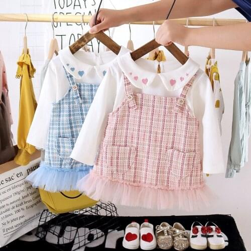 Baby Girl Clothing Long Sleeve White Top+ Sling Pink Plaid Skirt Two-Piece Dress Autumn Spring Baby Party Princess Dress